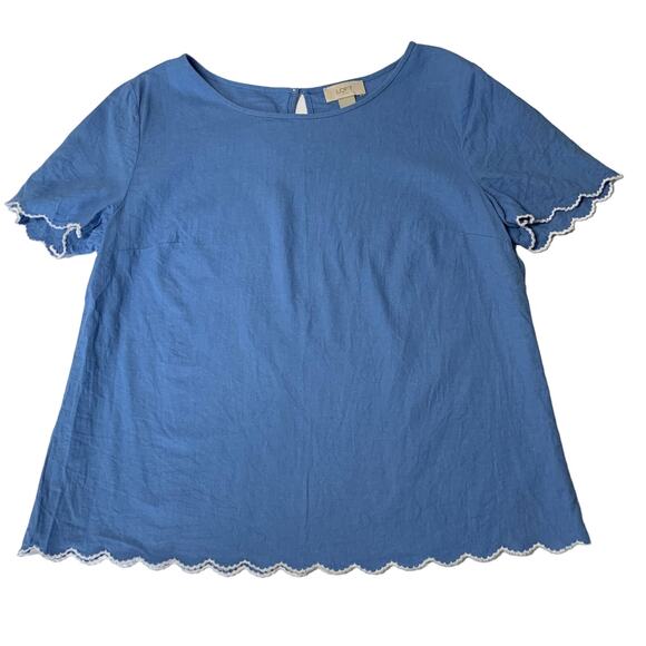 LOFT Baby Blue Scallop Embroidered Hem Short Sleeve Blouse Medium - Picture 7 of 9